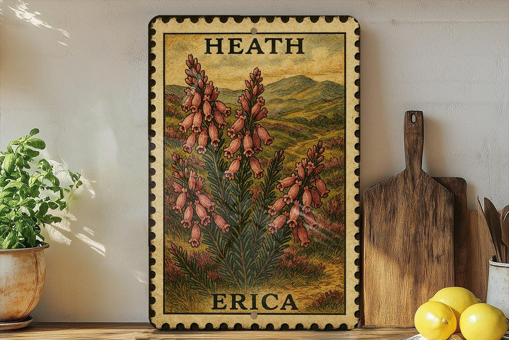 A framed illustration of pink flowers is displayed on a shelf, with a wooden cutting board and a potted plant nearby.
