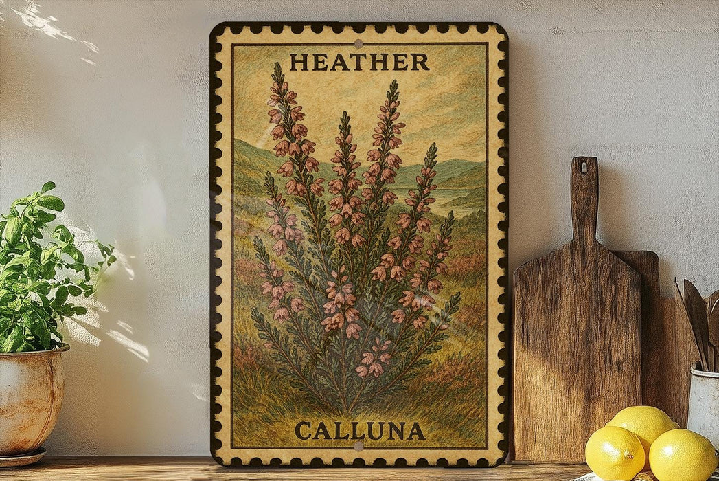A framed illustration of a calluna plant is displayed on a shelf, accompanied by a wooden cutting board, a potted plant, and a lemon.