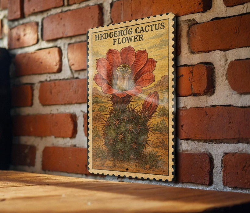 A vintage-style stamp depicting a cactus flower is hanging on a brick wall.