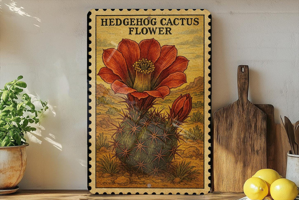 A framed illustration of a hedgehog cactus flower is displayed on a shelf, accompanied by a wooden cutting board and a potted plant.