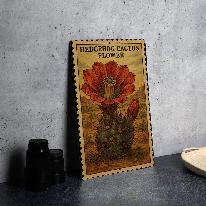 A framed illustration of a red cactus flower is displayed on a wall, accompanied by a stack of black camera lenses and a white dish.