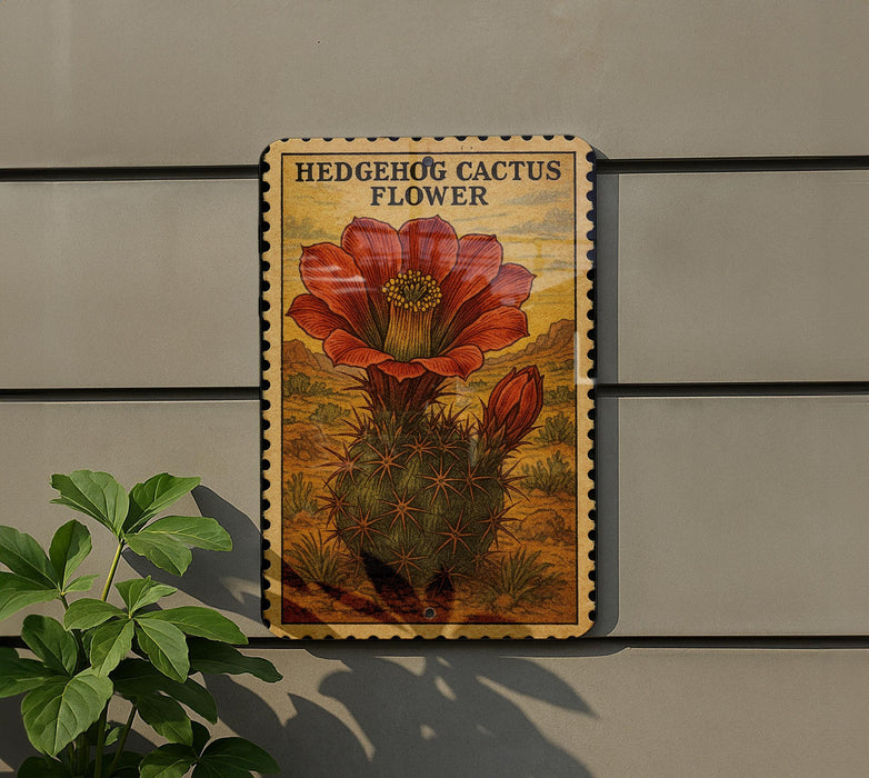 A framed illustration of a cactus flower is displayed on a wall, with a plant in the foreground.