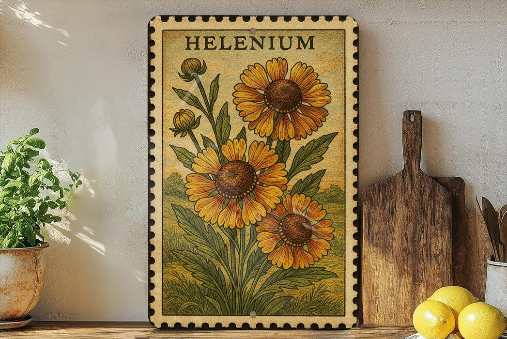 A framed illustration of a sunflower is displayed on a shelf, accompanied by a wooden cutting board, a potted plant, and a lemon.