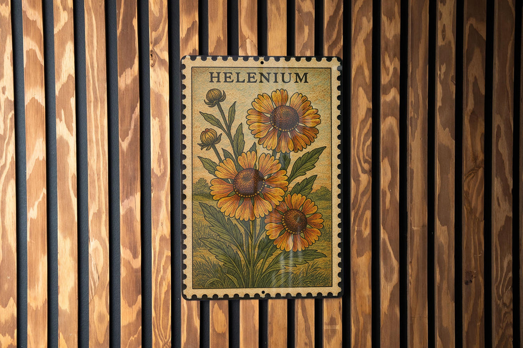 A vintage-style postage stamp featuring a floral design with three sunflowers is displayed on a wooden wall.