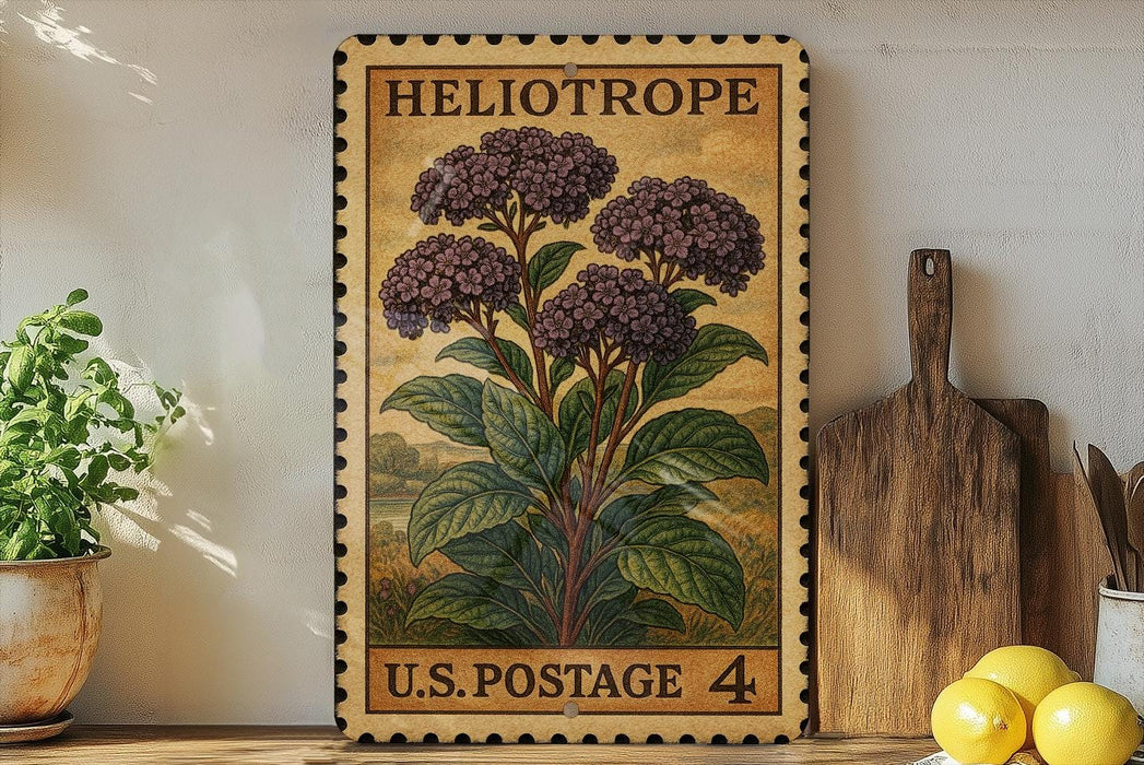 A vintage-style postage stamp featuring a purple heliotrope plant, placed on a wooden surface next to a wooden cutting board and a potted plant.