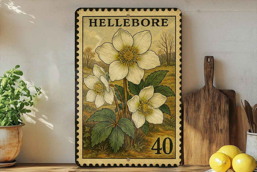 A framed print of a white flower with green leaves and the number 40 is displayed on a shelf, accompanied by a wooden cutting board, a potted plant, and some lemons.