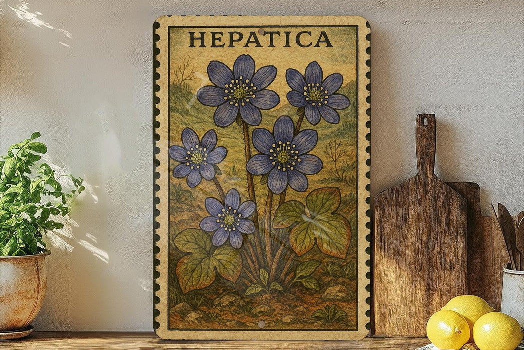 a framed print of a plant with blue flowers, placed on a shelf next to a wooden cutting board and some lemons.