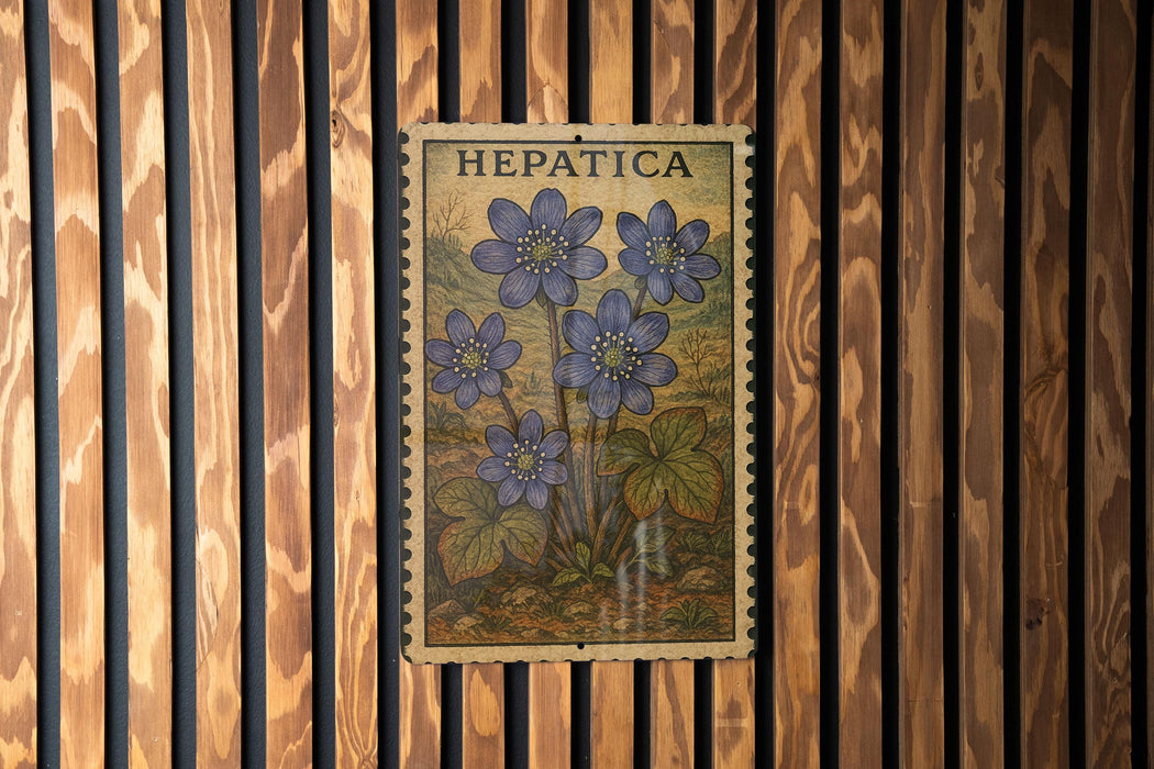 a framed illustration of blue flowers on a wooden wall.