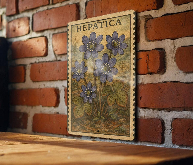 A vintage-style stamp featuring a floral illustration is displayed on a brick wall, with a wooden table below it.