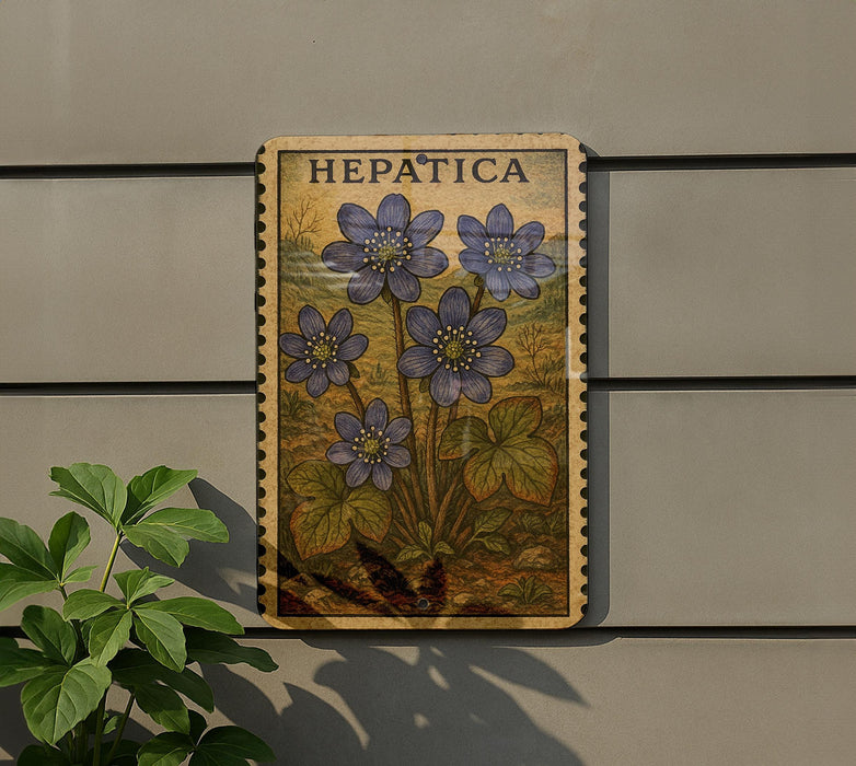 a wooden plaque with a floral design, mounted on a wall next to a plant.