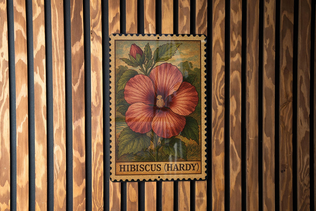 A framed illustration of a red hibiscus flower is displayed on a wooden wall.