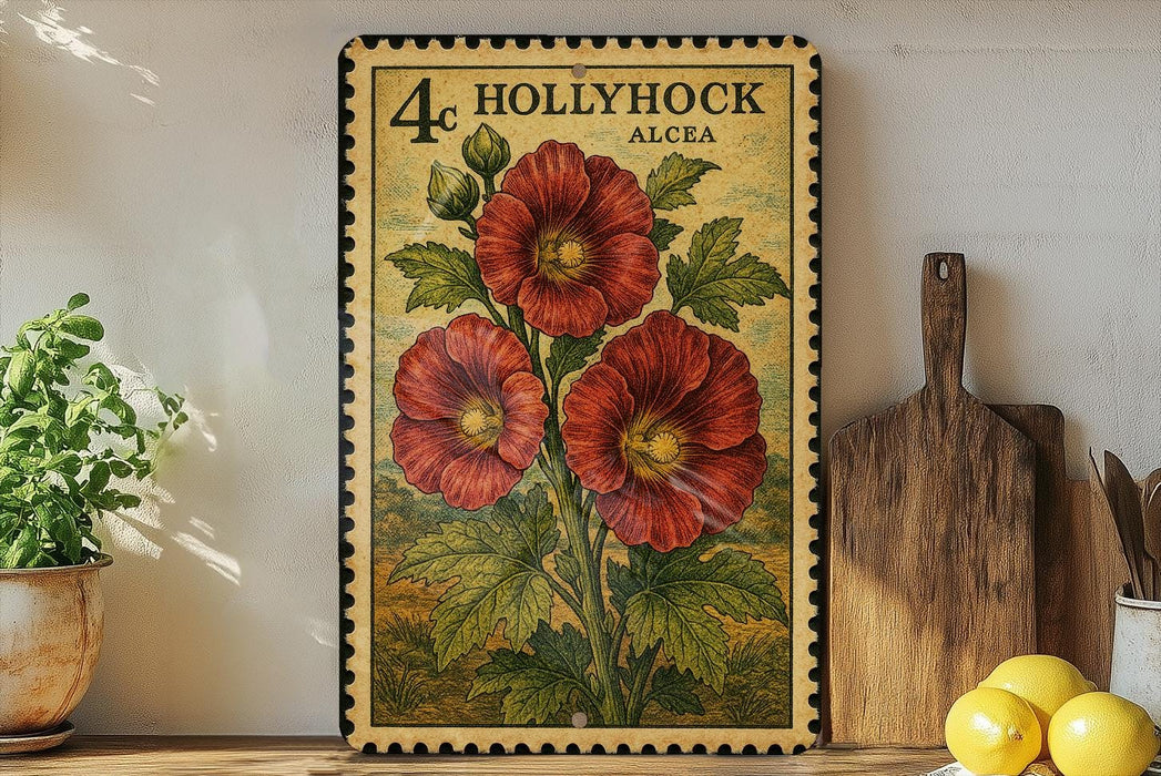 A vintage-style stamp depicting red hibiscus flowers is displayed on a shelf, accompanied by a wooden cutting board, a potted plant, and a bowl of lemons.
