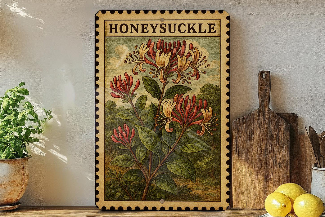 A framed illustration of a honeysuckle flower is displayed on a shelf, accompanied by a wooden cutting board, a potted plant, and a lemon.