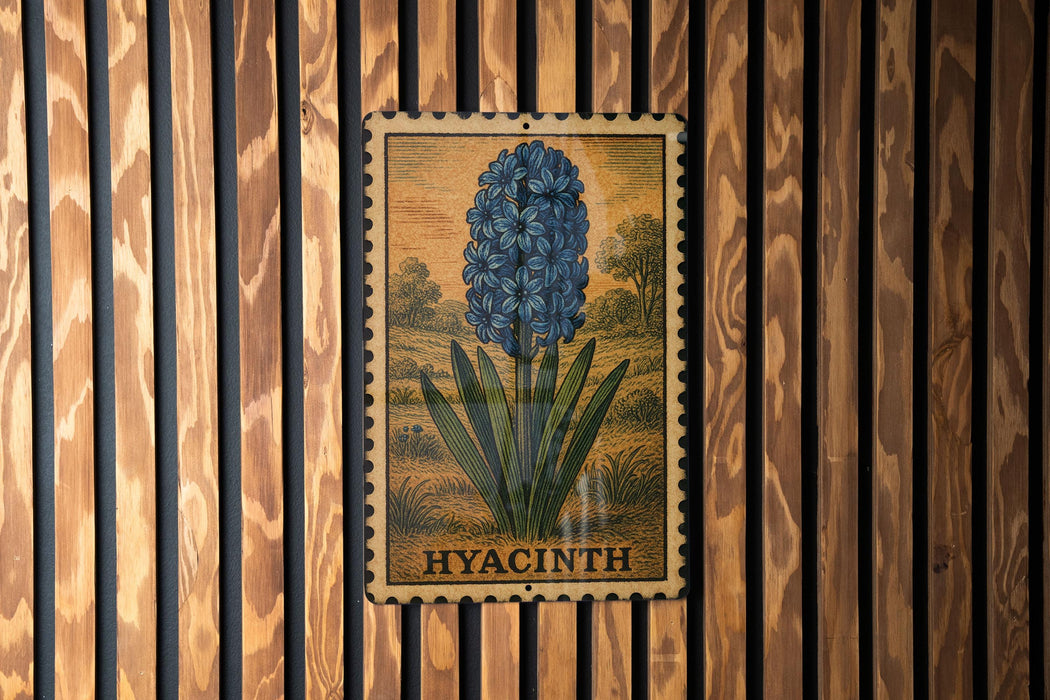 A framed illustration of a blue hyacinth flower is displayed on a wooden wall.