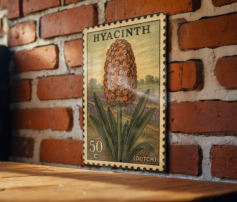 A vintage postage stamp featuring a large orange flower on a brick wall.
