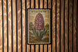 A vintage postage stamp featuring a large pink flower with green leaves, mounted on a wooden wall.
