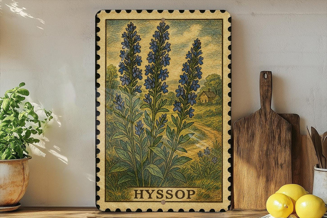 a framed illustration of blue flowers, with the word "HYSOP" written below the illustration. The frame is placed on a wooden surface, with a potted plant to the left and a wooden cutting board to the right.