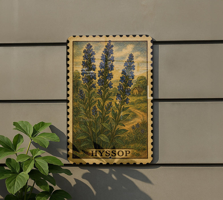 A framed botanical illustration of blue flowers is displayed on a wall, with a plant visible to the left.