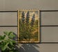 A framed botanical illustration of blue flowers is displayed on a wall, with a plant visible to the left.