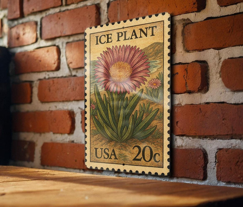 A vintage-style postage stamp featuring a large pink flower is displayed on a brick wall.
