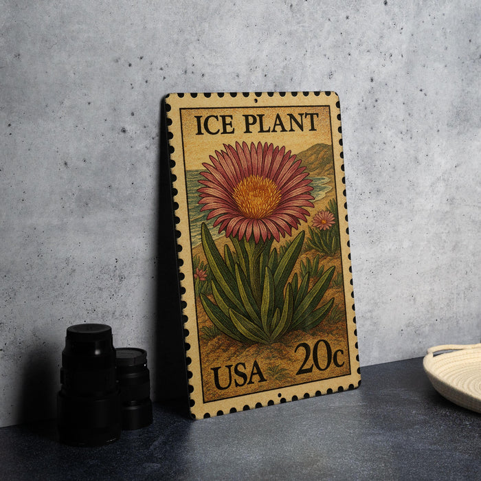 A metal stamp depicting a large pink flower with green leaves, placed on a gray surface next to a stack of black camera lenses.
