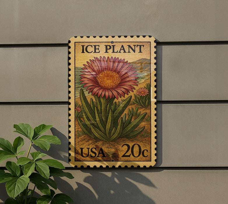 A wooden sign with a large flower image and text, mounted on a wall.