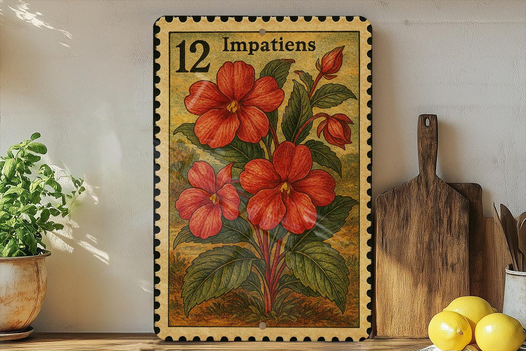 A framed illustration of red flowers on a wooden surface, with a potted plant to the left and a wooden cutting board to the right.