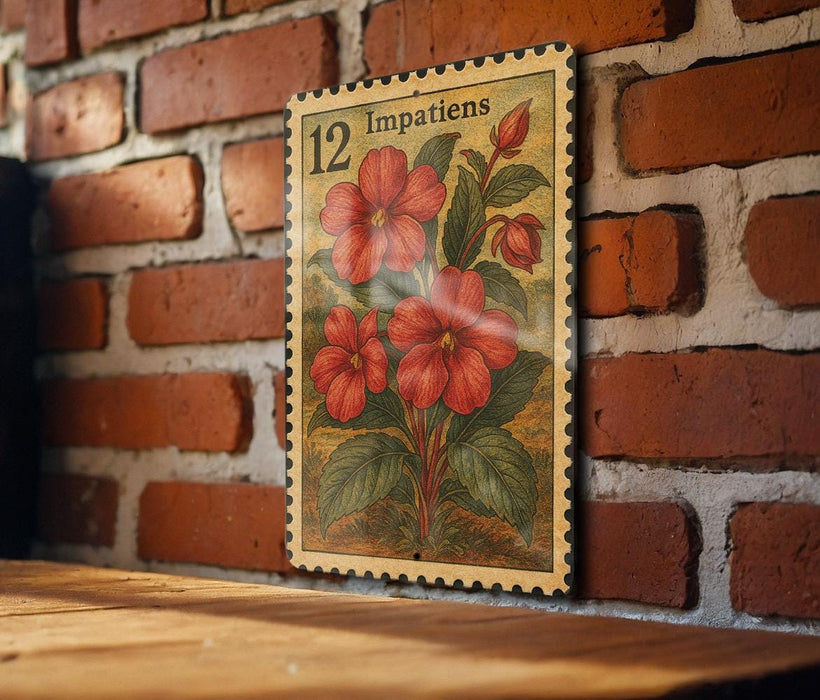 A vintage-style stamp featuring a floral illustration of red flowers and green leaves, mounted on a brick wall.