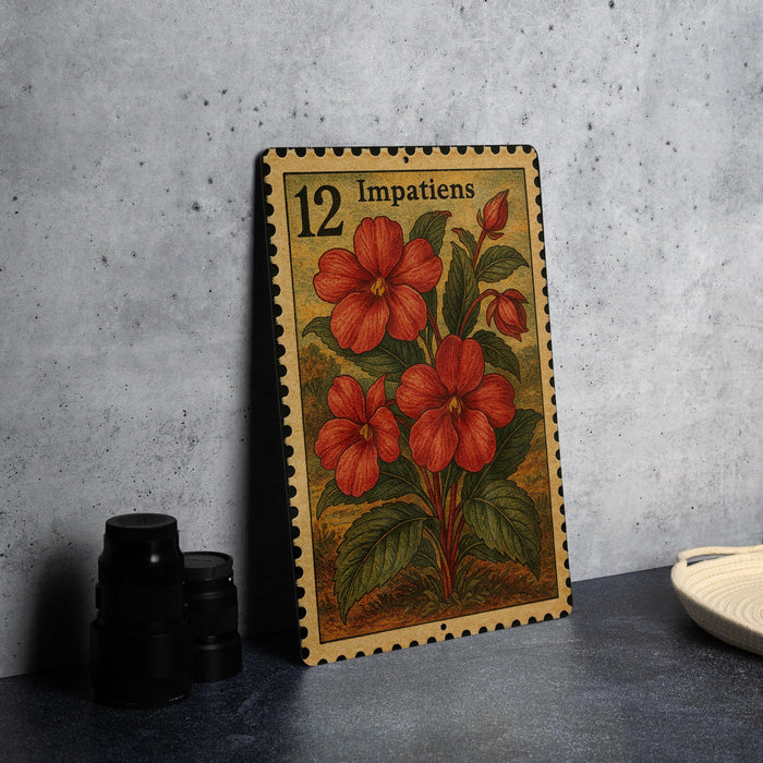 A framed stamp with a floral design and the number 12 printed on it, placed on a table next to some black camera lenses.