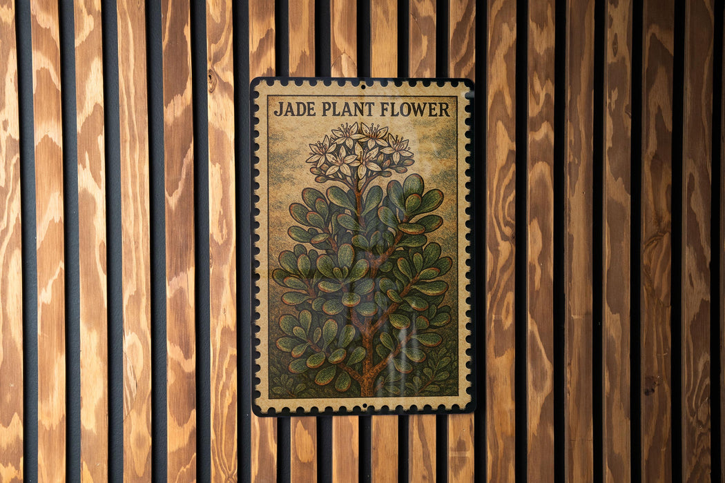 A vintage-style poster of a jade plant flower is displayed on a wooden wall.