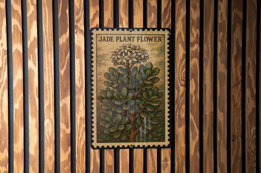 A vintage-style poster of a jade plant flower is displayed on a wooden wall.