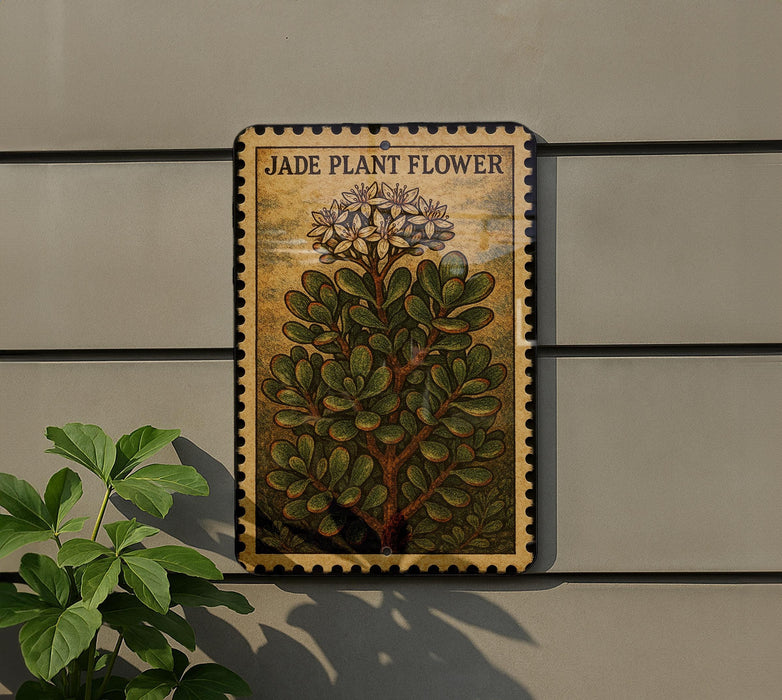 A decorative sign with the text "JADE PLANT FLOWER" and an illustration of a jade plant is mounted on a wall next to a potted plant.