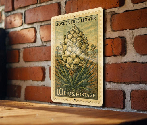 A vintage-style postage stamp featuring an illustration of a Joshua tree flower is displayed on a wooden surface against a brick wall.