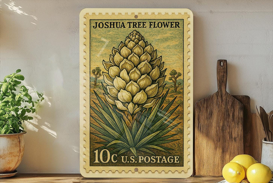 A vintage-style postage stamp featuring a Joshua tree flower, placed on a shelf next to a wooden cutting board and some potted plants.