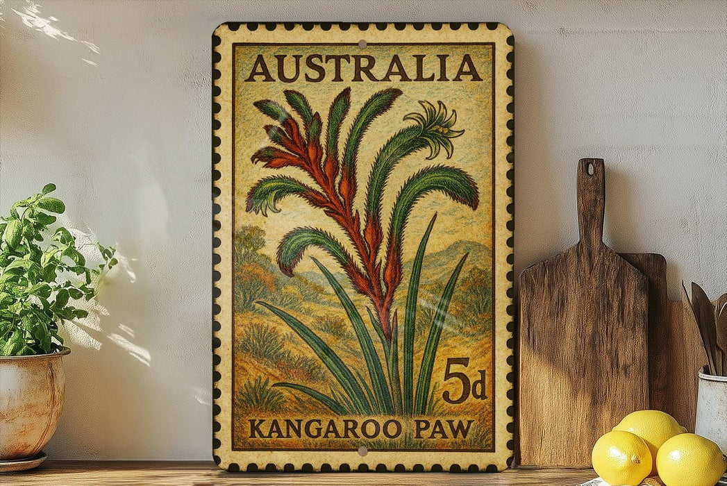 A vintage Australian postage stamp featuring a kangaroo paw plant is displayed on a shelf next to a wooden cutting board and some potted plants.