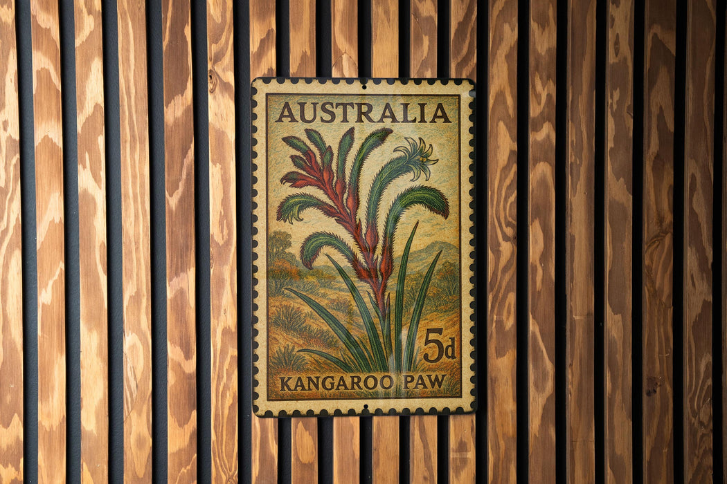 A 5d Australian postage stamp featuring a kangaroo paw plant is displayed on a wooden wall.