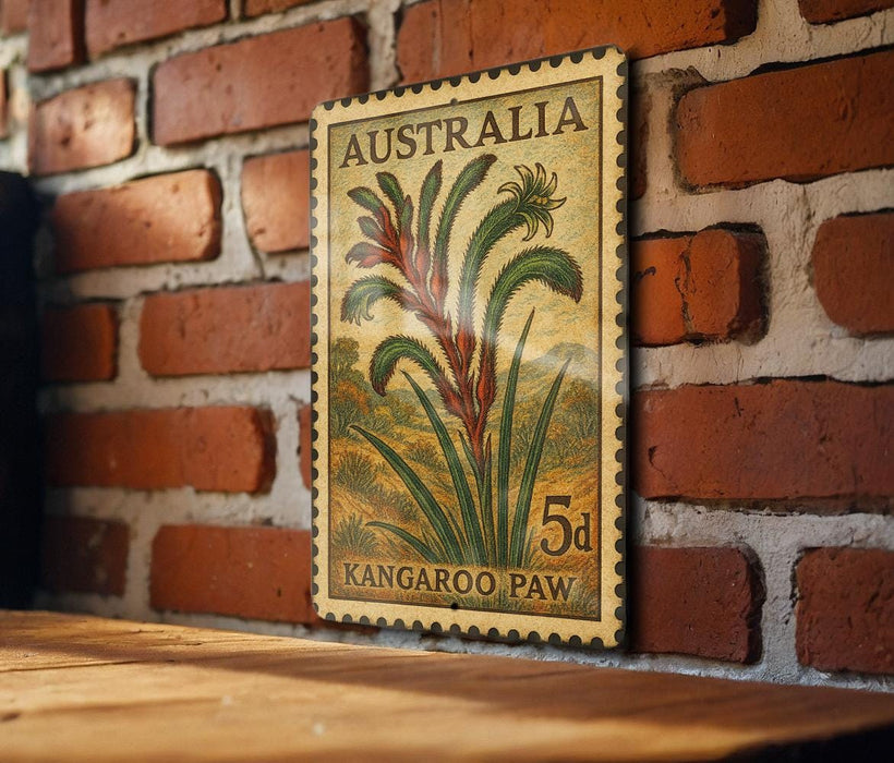 A vintage Australian postage stamp featuring a kangaroo paw plant is displayed on a brick wall.