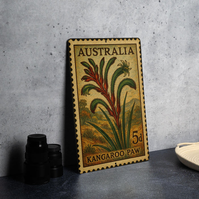 A metal stamp from Australia featuring a kangaroo paw plant, placed on a table next to some black camera lenses.