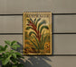 A vintage Australian postage stamp featuring a kangaroo paw plant is displayed on a wall, with a small green plant to the left.