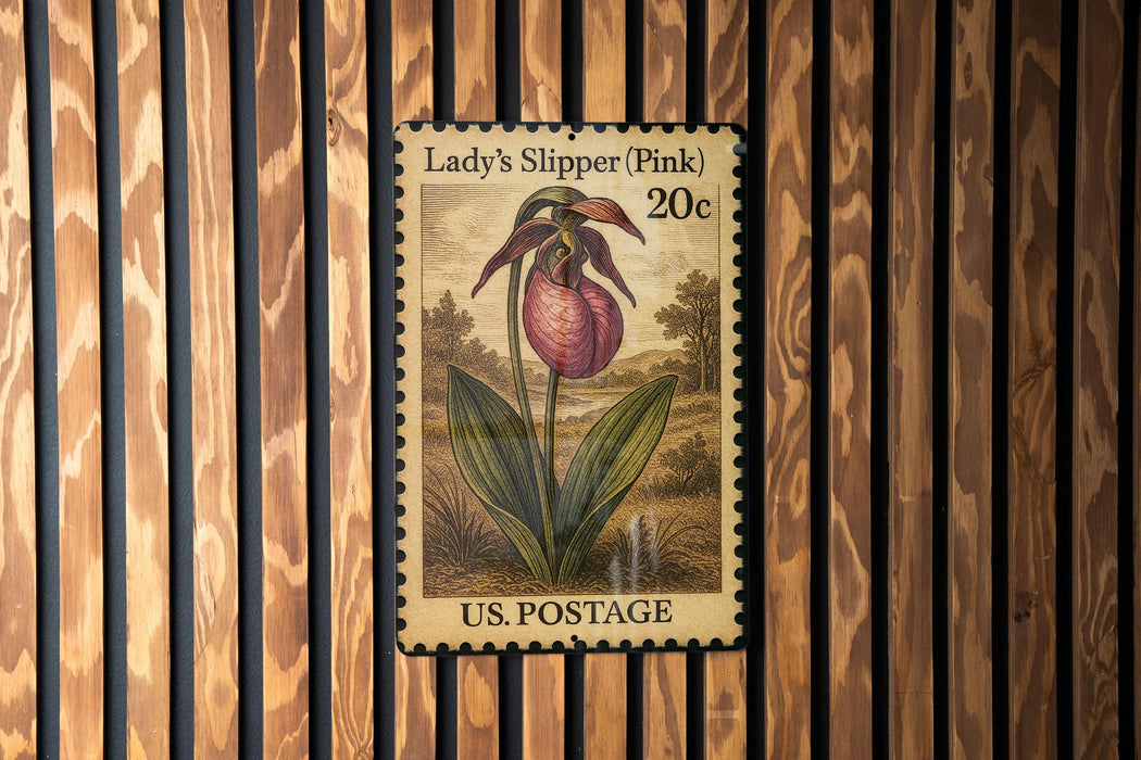 A vintage-style postage stamp featuring a pink flower, likely a lady's slipper, with the text "Lady's Slipper (PINK) 20c" printed on it. The stamp is mounted on a wooden wall.