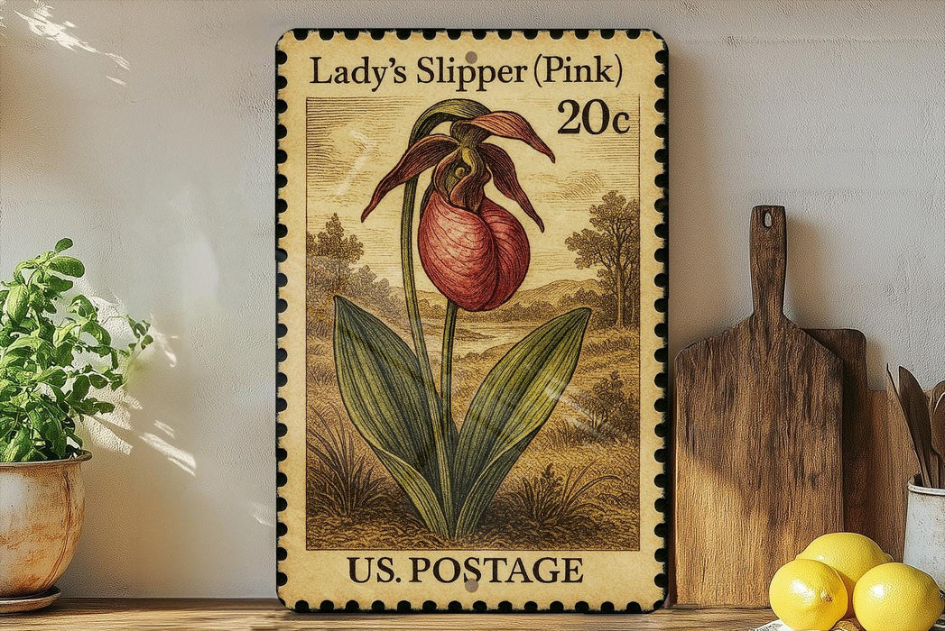 A vintage-style postage stamp featuring a pink flower, with the text "Lady's Slipper (Pink)" and "20c" printed on it. The stamp is displayed on a shelf next to a wooden cutting board and a potted plant.