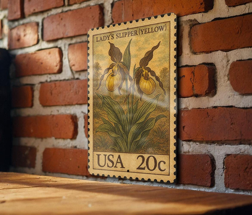 A wooden table with a brick wall in the background, featuring a vintage-style postage stamp depicting a yellow flower.