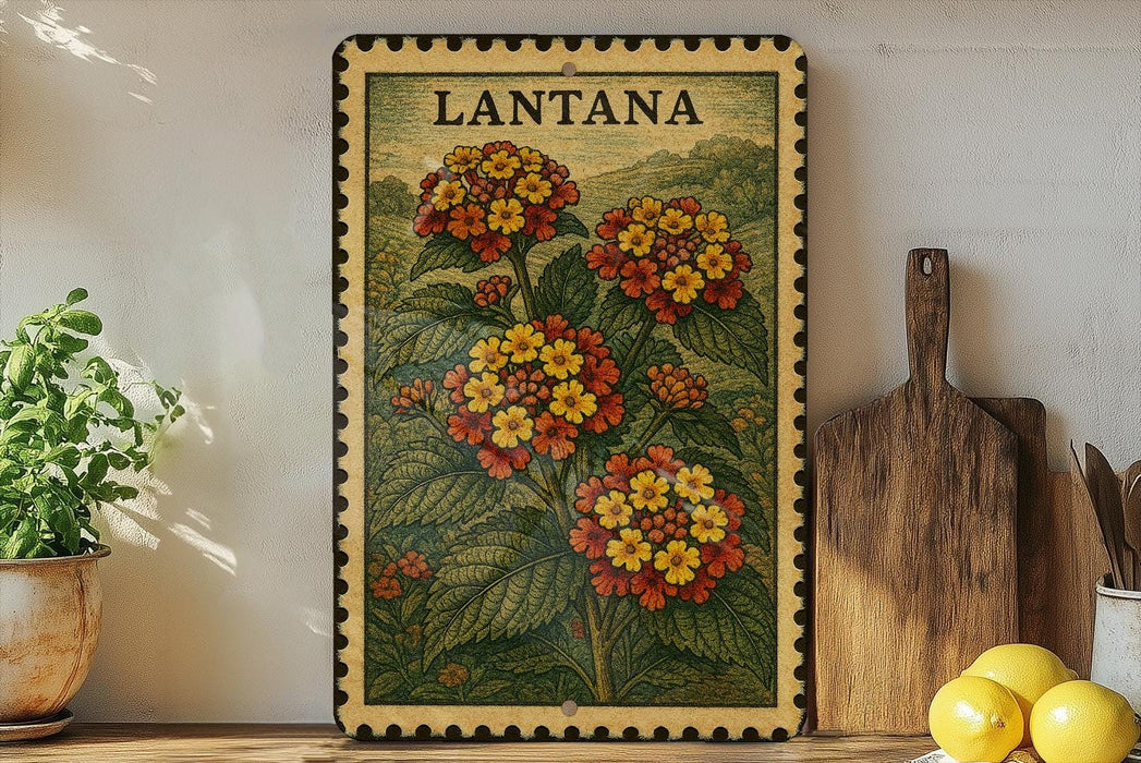 a framed illustration of a plant with vibrant yellow and orange flowers, placed on a shelf next to a wooden cutting board and a potted plant.