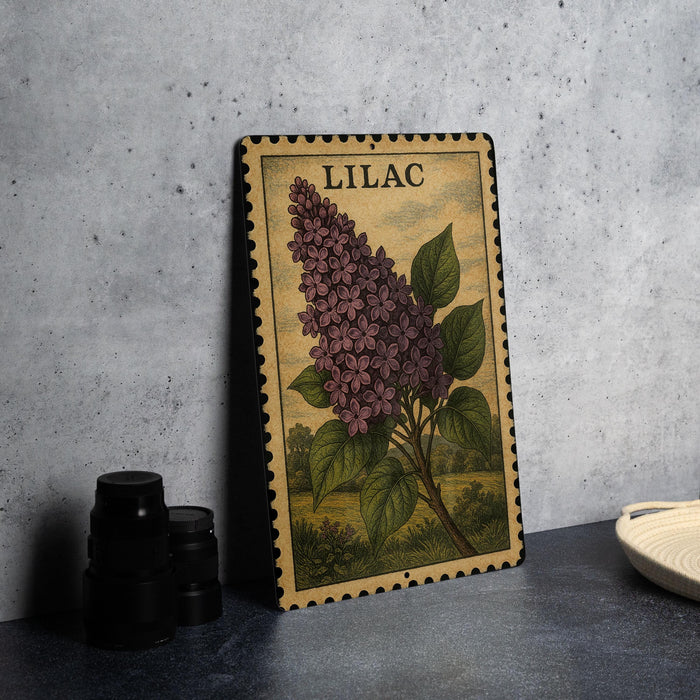 A framed illustration of a purple lilac flower is displayed on a gray wall, accompanied by a stack of black camera lenses and a white dish.