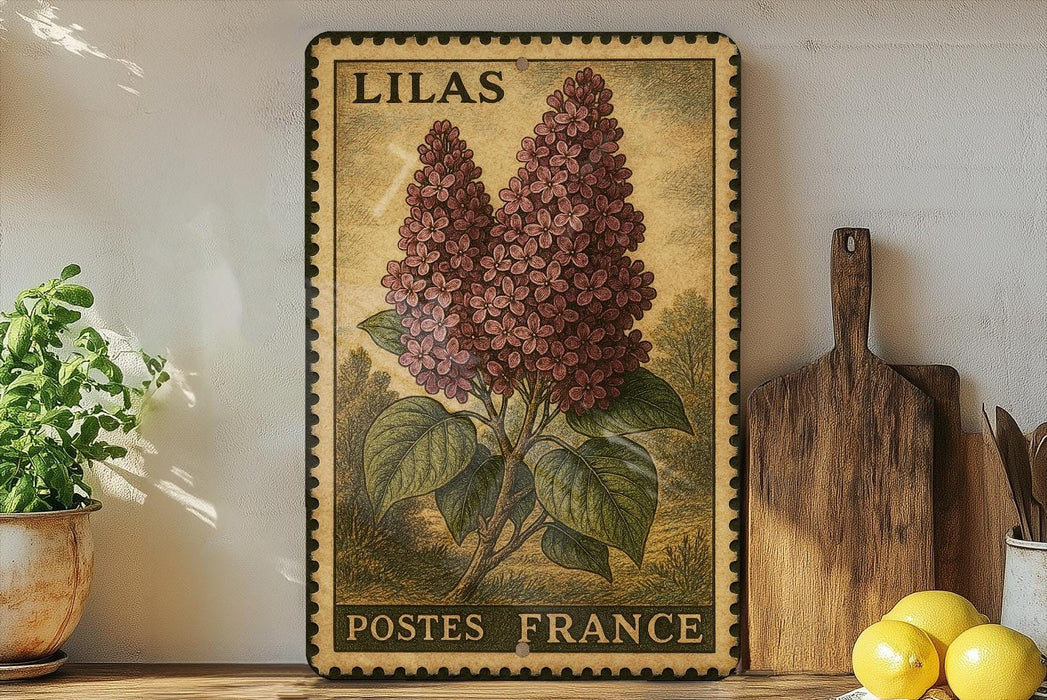 A vintage-style metal sign with a floral illustration of lilies, mounted on a wall next to a wooden cutting board and a potted plant.