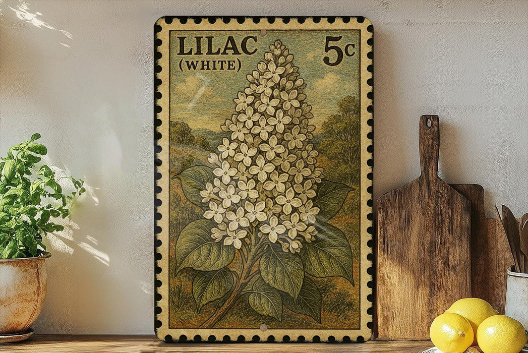 A framed illustration of a white lilac flower on a wooden shelf, with a vintage postage stamp design.