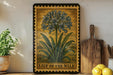 A framed illustration of a lily of the Nile flower is displayed on a shelf, accompanied by a wooden cutting board, a potted plant, and some lemons.