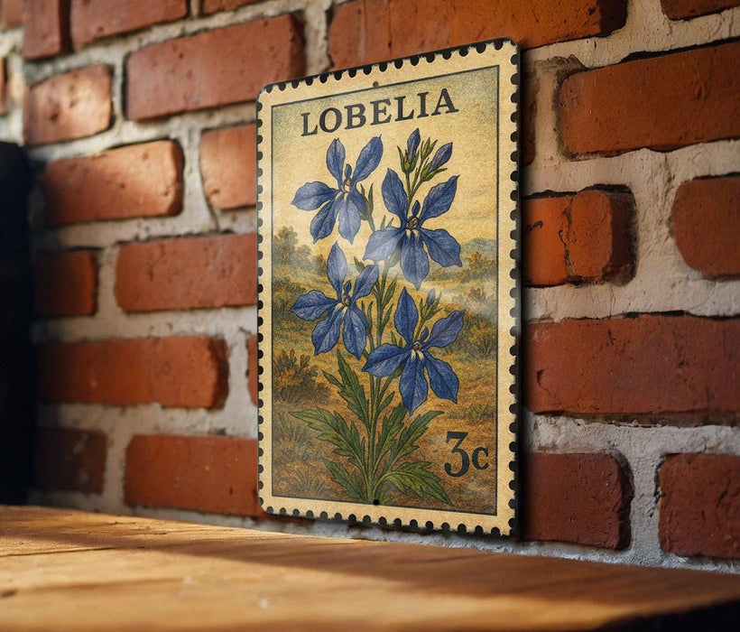 A vintage postage stamp featuring a blue flower is displayed on a brick wall.
