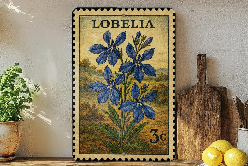 A framed stamp depicting blue flowers is displayed on a shelf next to a wooden cutting board and a potted plant.