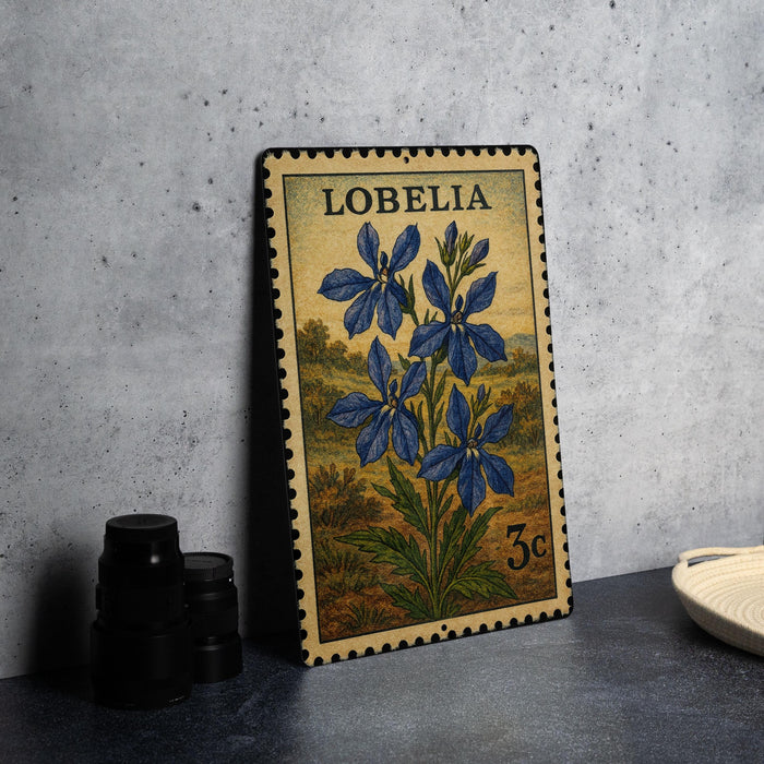 A vintage postage stamp from LOBELIA, featuring a detailed illustration of blue flowers, is displayed on a table next to some black camera lenses.